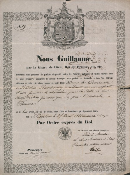 Paszport wydany przez wladze pruskie dla hrabiny Radolinskiej