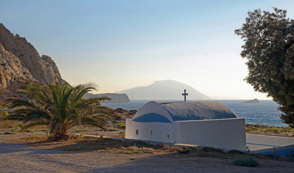 St. Nicholas Church at Agios Nikolaos Beach, Arkasa. Karpathos, Greece. Sunset