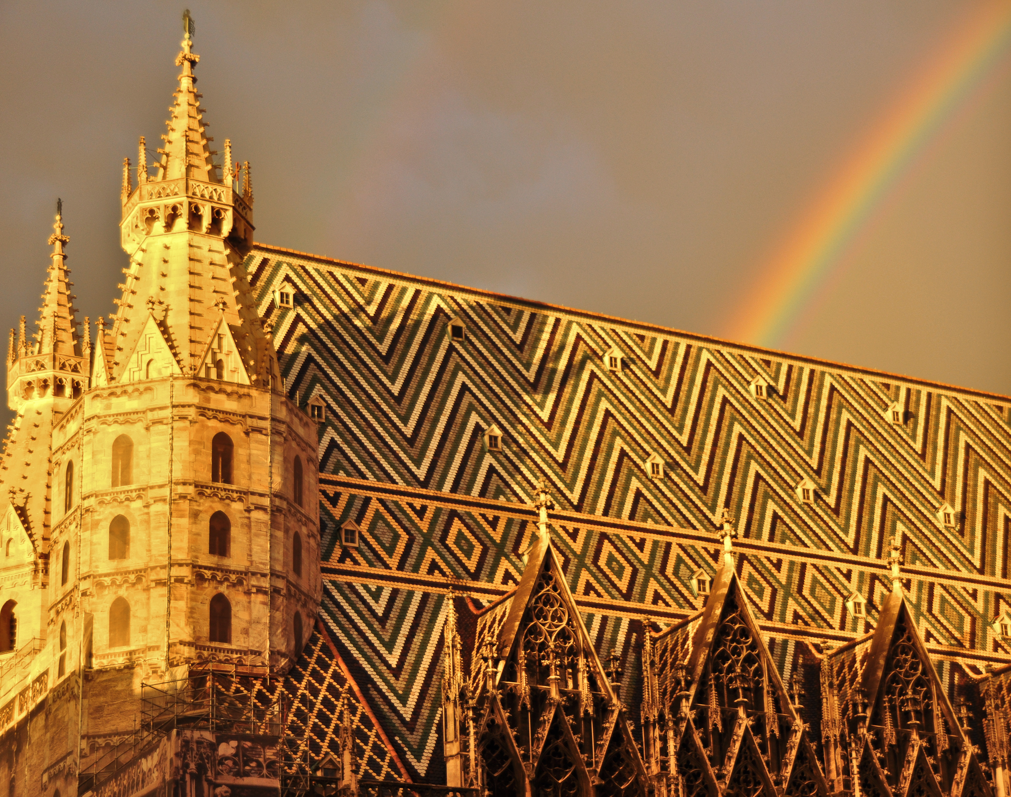 Wien-Stephansdom im Abendlicht mit Regenbogen