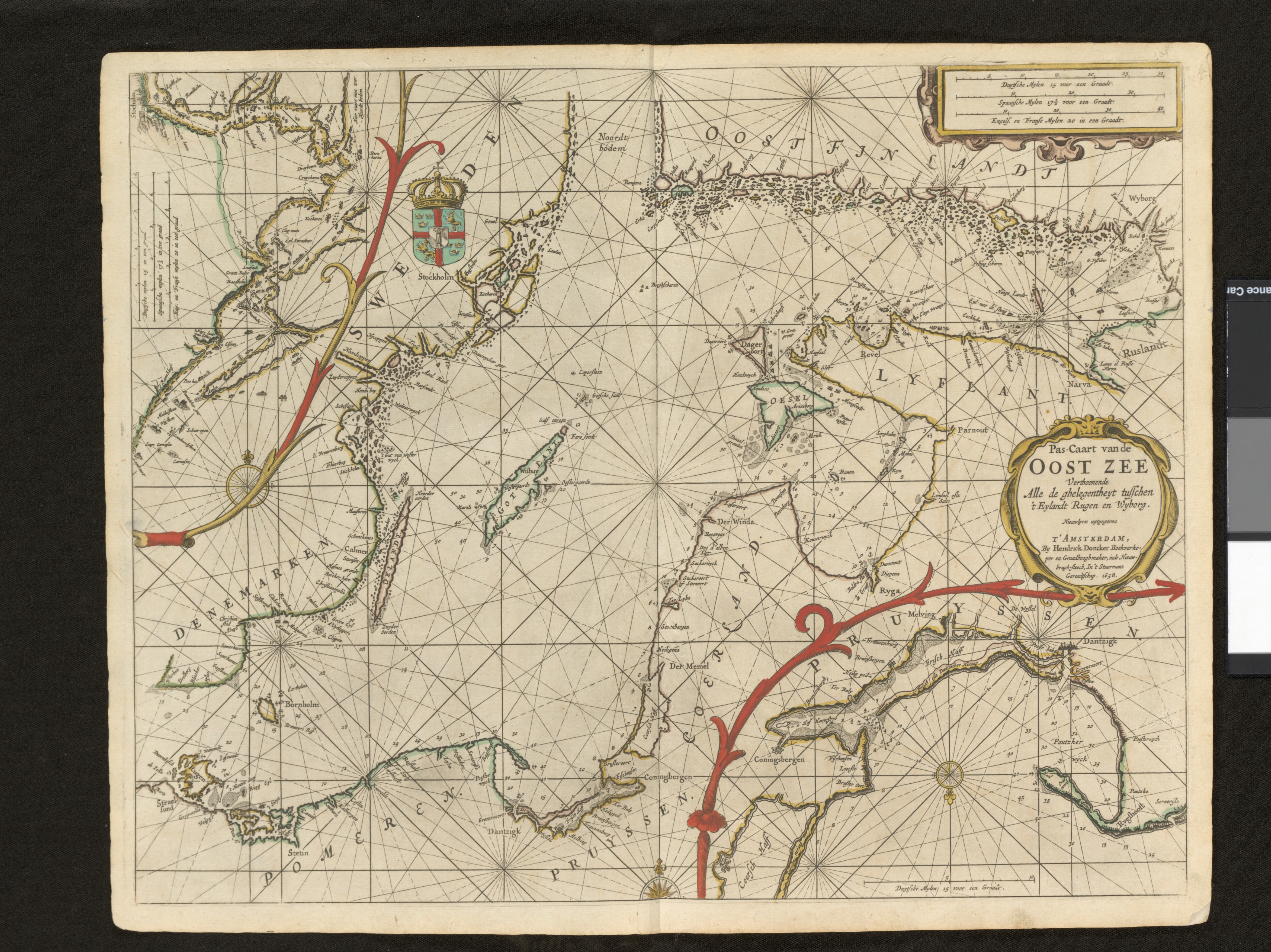 Pas-caart van de Oost Zee, verthoonende alle de ghelegentheyt tusschen 't Eylandt Rugen en Wyborg, Hendrick Doncker 1658