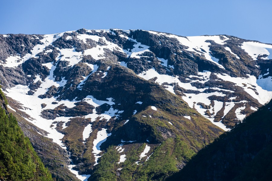 snow-covered mountains around a branch of the Sognefjord, Norway, near Flåm, June 2014, picture 82
