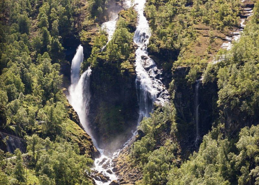 a waterfall in Norway seen from a Flåm line train open window, near Flåm, June 2014, picture 52