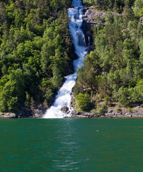 a waterfall falling into a branch of the Sognefjord, Norway, near Flåm, June 2014, picture 80